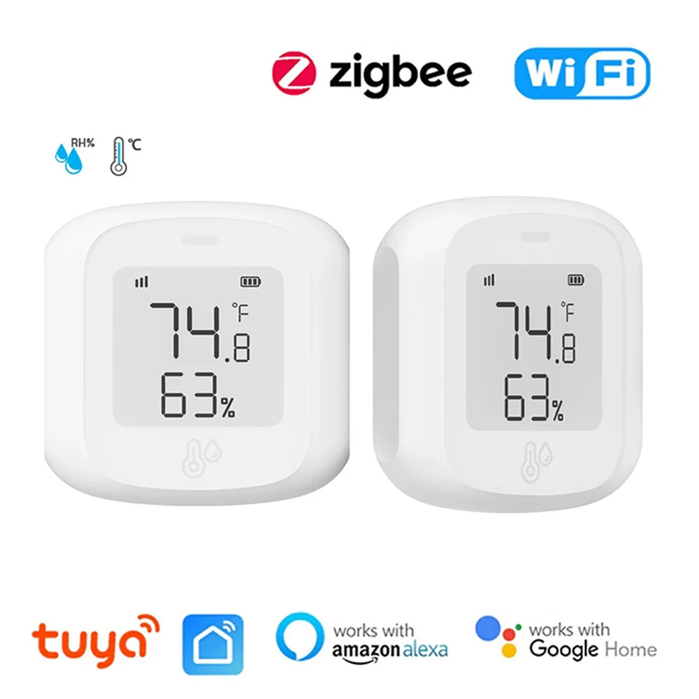Inteligentny czujnik temperatury i wilgotności WiFi/Zigbee, higrometr i termometr do użytku wewnętrznego z wyświetlaczem LCD, kompatybilny z Alexa i Google Home.