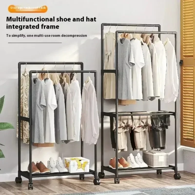 Double Mobile Hanger Single Rodซักรีดชั้นห้องนอนRetractableชั้นแขวนไม้แขวนเสื้อCoat Rack