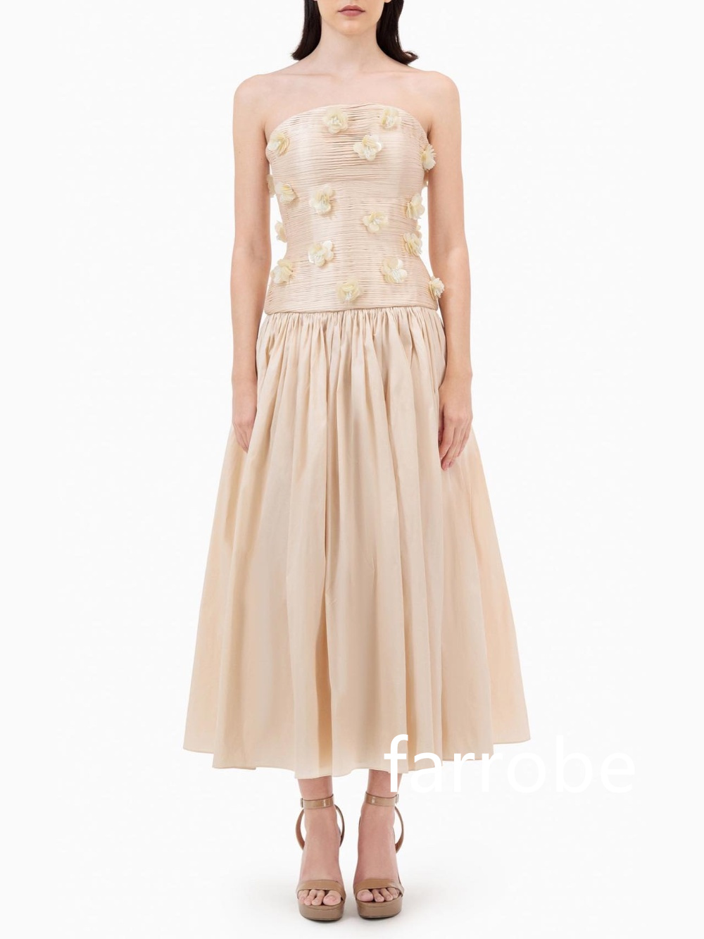 Customized Intricate Jersey Pleat Flower A-line Strapless Midi Dresses Bespoke Occasion Dresses Classic Exquisite Modern Style P