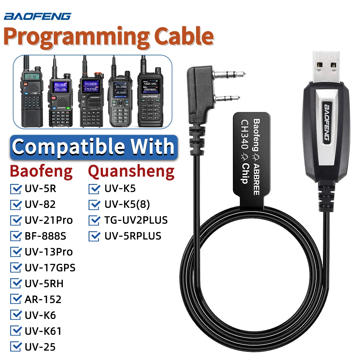 Cabo de programação USB CH340 para Baofeng UV 82 888S UV 13 21 Pro Quansheng UV-K5 5R Plus Walkie Talkie Rádio