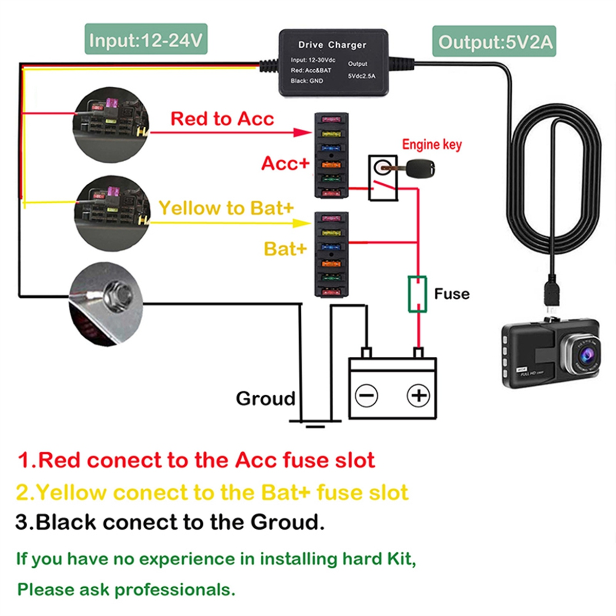 Kabel do monitoringu parkowania dla 70mai 4K A800S A500S D06 D07 D08 M300 Hardwire Kit UP02 do samochodowego rejestratora 24H Monitor parkowania