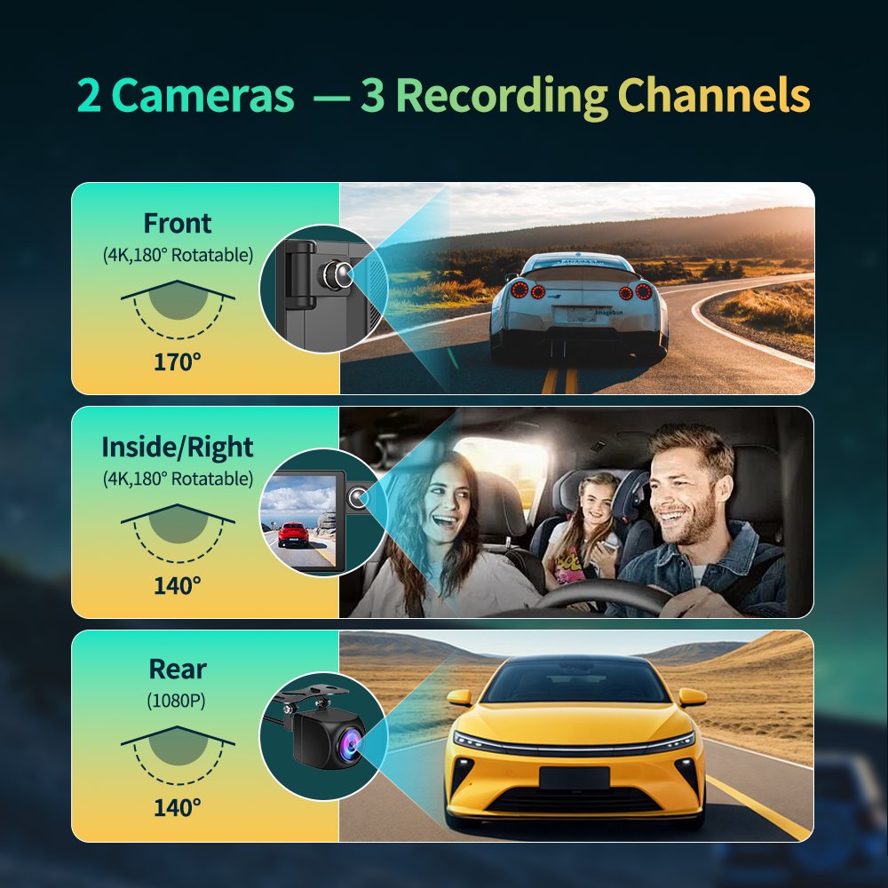 11.3 "Imagebon H50 Dash Cam 4K ADAS Wireless CarPlay & Android Auto 3 ช่องการบันทึกเวลา 24H Park Monitorสีดํากล่อง