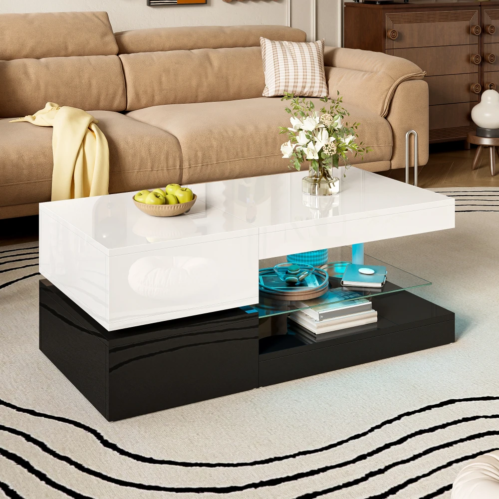 Mesa de centro moderna com iluminação ambiente LED, controle APP e Bluetooth, prateleira de vidro e superfície de alto brilho, 90x45x35,5 cm