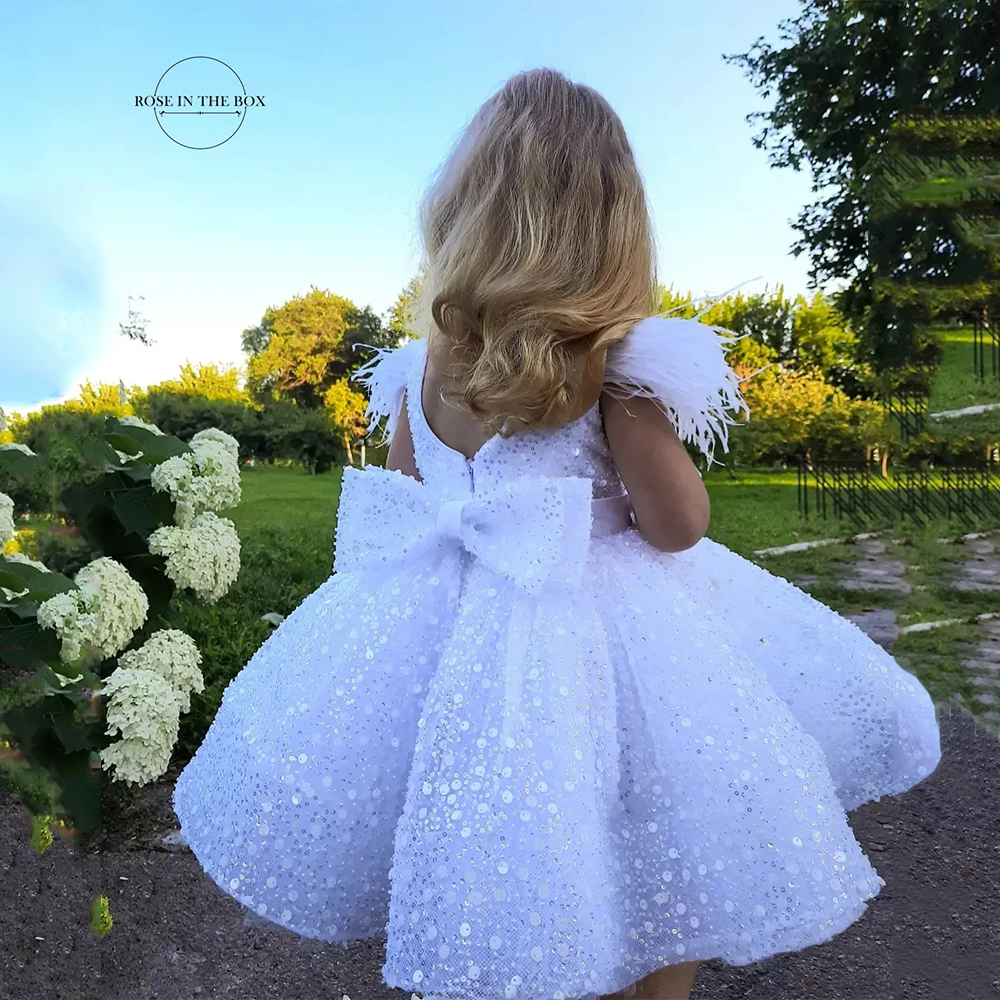 BABYONLINE White Flower Girl Dresses For Kids Sparkly Beads Feather Bow Evening Party Princess Ball Gown Communion Toddler Tutu