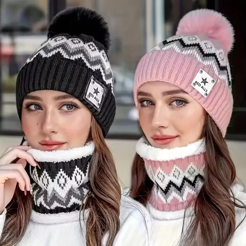 Set da 2 pezzi scaldacollo e cappello foderato in pile combinato per ciclismo all'aperto autunno/inverno, berretto spesso lavorato a maglia