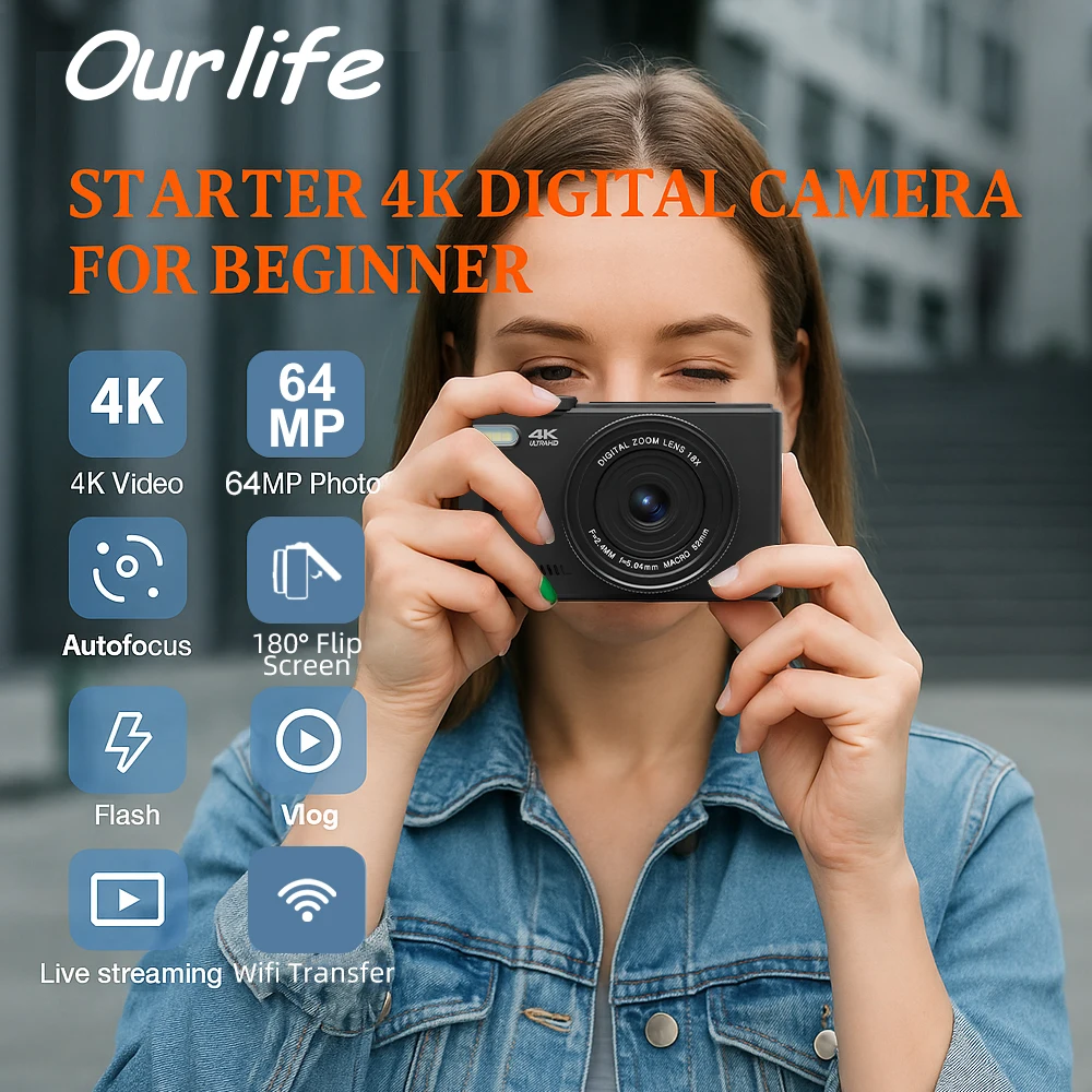 Ourlife AC600 Digitalkamera 4K 64 MP UHD-Kameras 18X Digitalzoom 180 °   Vintage-Vlogging-Kamera mit Klappbildschirm für YouTube-Autofokus