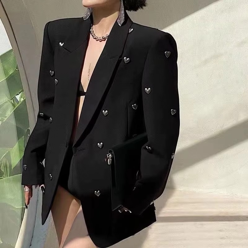 UNXX European and American Dark Style Blazer 2024 Autumn New Fashion Heavy Craft Heart High-End Black Suit Jacket High Quality