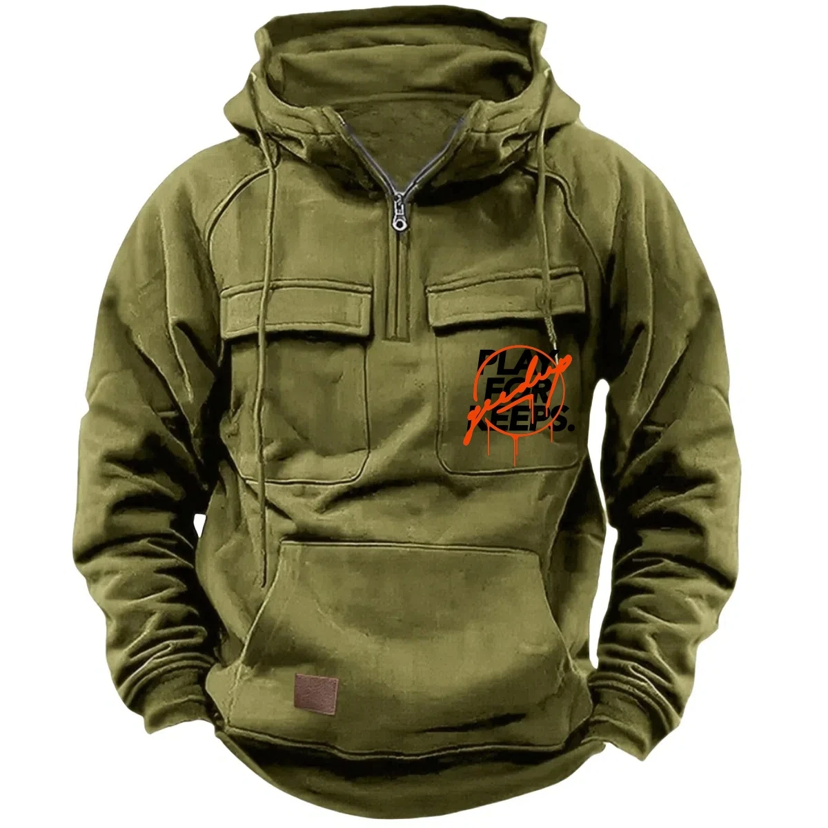 Moletom com capuz tático com meio zíper masculino, moletom estilo workwear de lã quente de cor sólida, jaqueta com capuz com vários bolsos masculinos