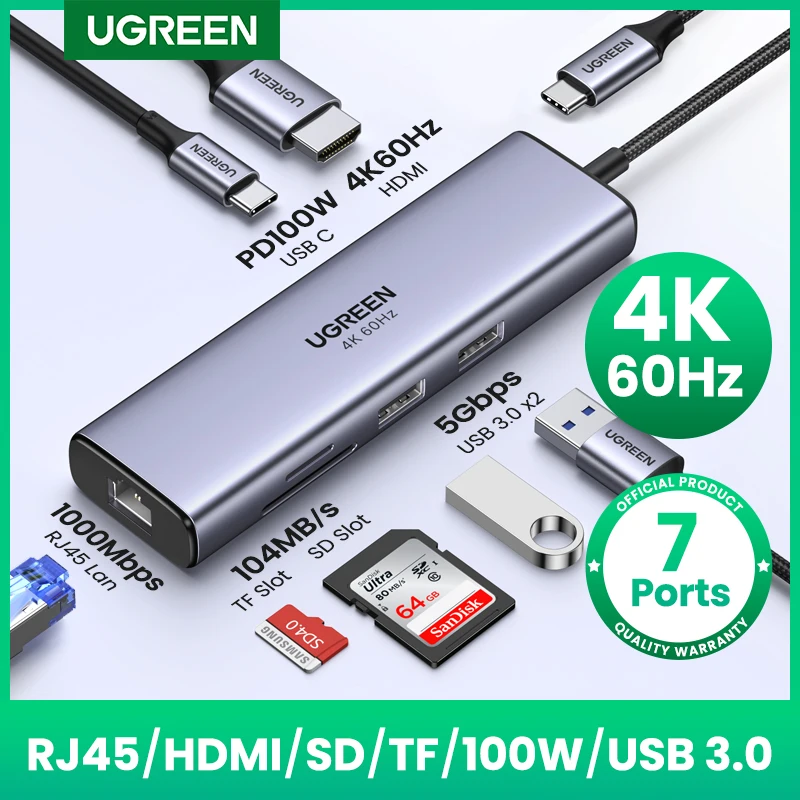 USB-разветвитель UGREEN, USB 3,0, PD100W, 4K 60 Гц, 5 Гбит/с