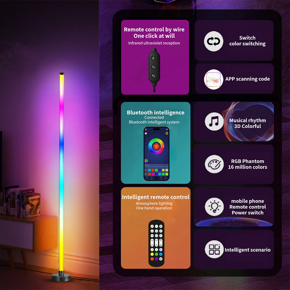 Inteligente RGB LED Floor Lamp, Controle remoto e App, Music Sync Corner Lighting Timer, Modern Mood Standing Lamp para sala de estar, Gaming