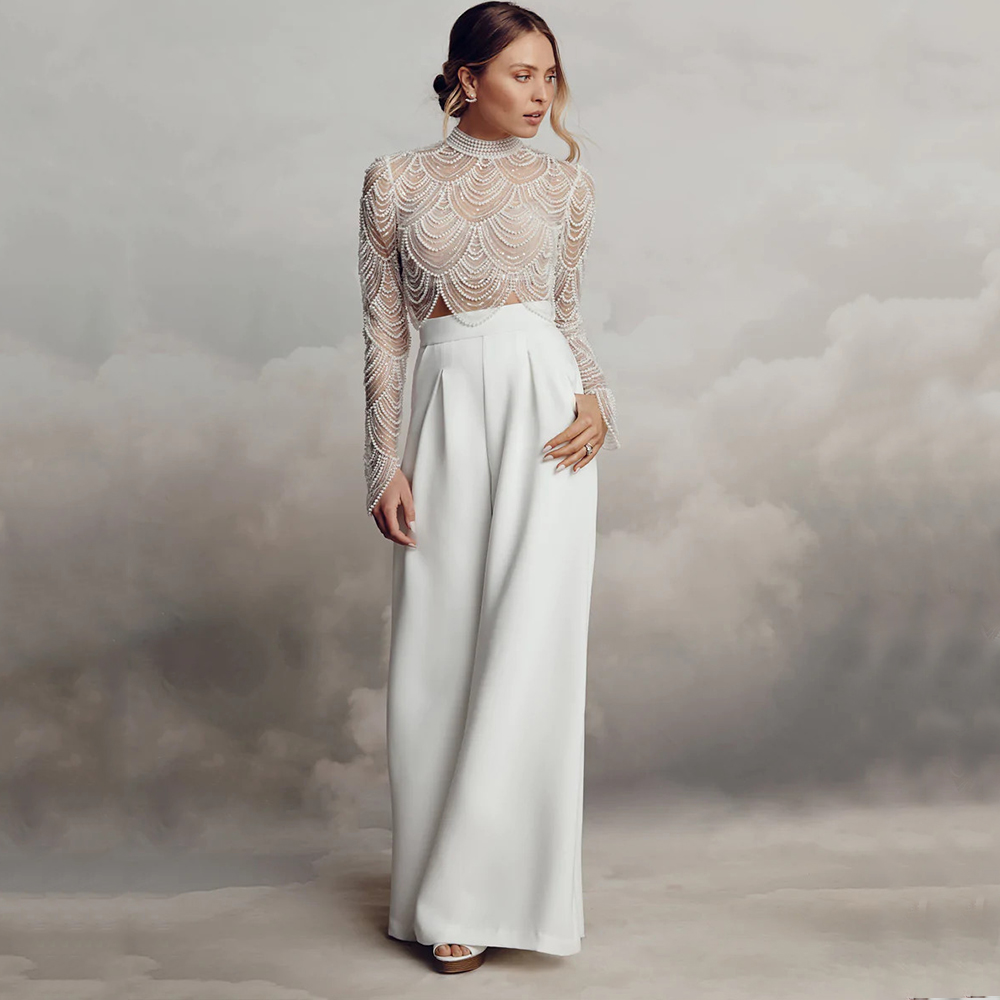 Exquisite High Neck Beading New Wedding Gown Sexy Illusion Long Sleeve Pearl Heavy Industry Bride Civil Custom Vestidos De Novia