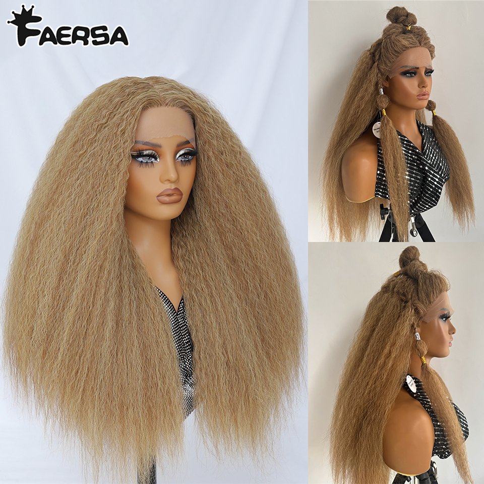 Кудрявый прямой парик фронта шнурка Т-образный 28-дюймовый синтетический парик 13x5x1 Длинные парики шнурка Афро Яки Прямые парики Ombre Коричневый для чернокожих женщин