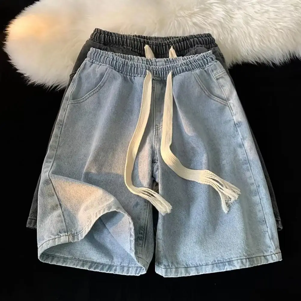 ผู้ชายกางเกงขาสั้นผ้ายีนส์ขากว้างผู้ชาย Quick-drying DENIM กางเกงขาสั้นชายหาดยืดหยุ่นสายรัดเอวกระเป๋าฤดูร้อนกางเกงขาสั้นขากว้าง