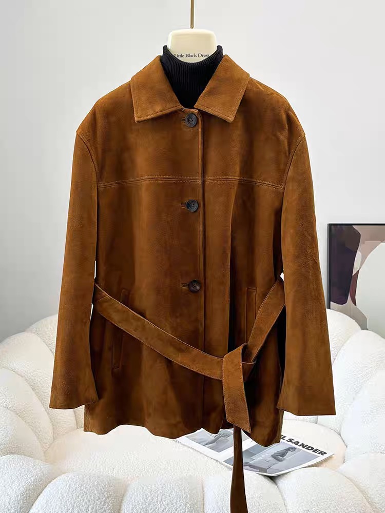 Veste rétro haut de gamme en daim pour femme, manteau Long à simple boutonnage, col carré Auburn, avec ceinture, vêtements d'extérieur pour femmes
