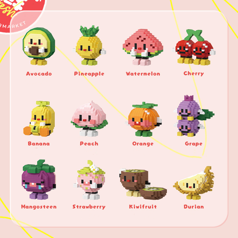 子供のためのクリエイティブなビルディングブロック、パズル組み立てスイカドリアン、アボカド、デスクトップ、漫画人形の装飾品、DIYおもちゃギフト