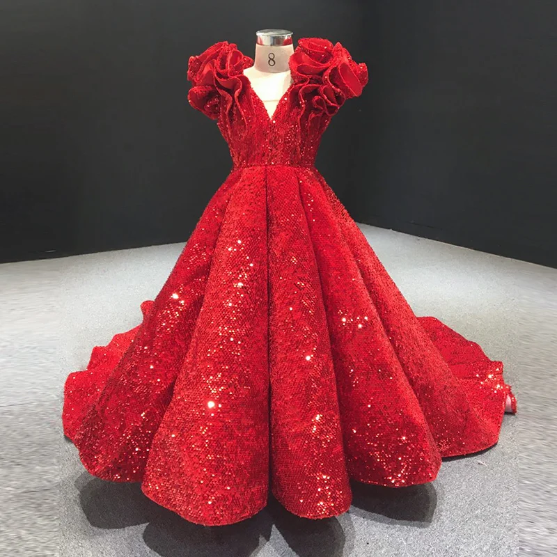 Vestidos de niña de flores rojas brillantes para boda, lentejuelas, volantes, niñas hinchadas, fiesta de cumpleaños para niños, vestidos de primera comunión personalizados