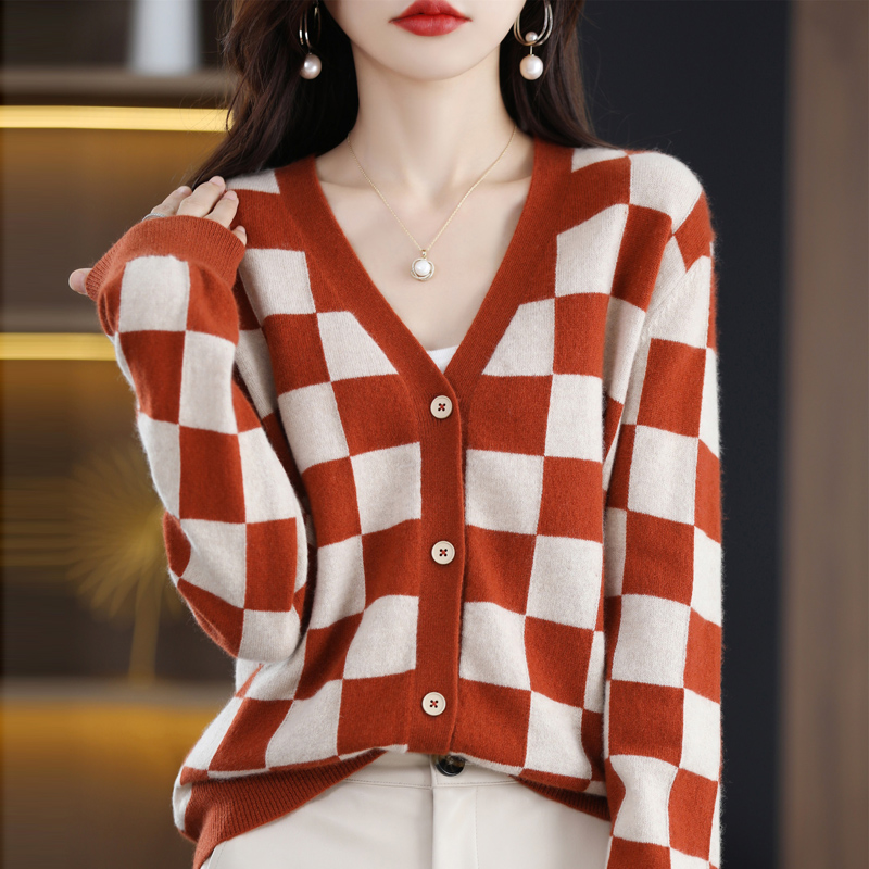 Kardigan wol murni leher V baru musim gugur/musim dingin 100 mantel aroma kecil sweater kasual wanita kasmir longgar