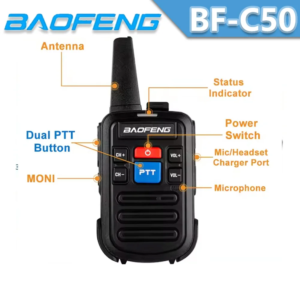 Baofeng BF-C50 Mini Walkie Talkie 5W UHF Dual PTT with Type-C Charger Child Intercom 1500mAh HF Transceiver Ham Radio