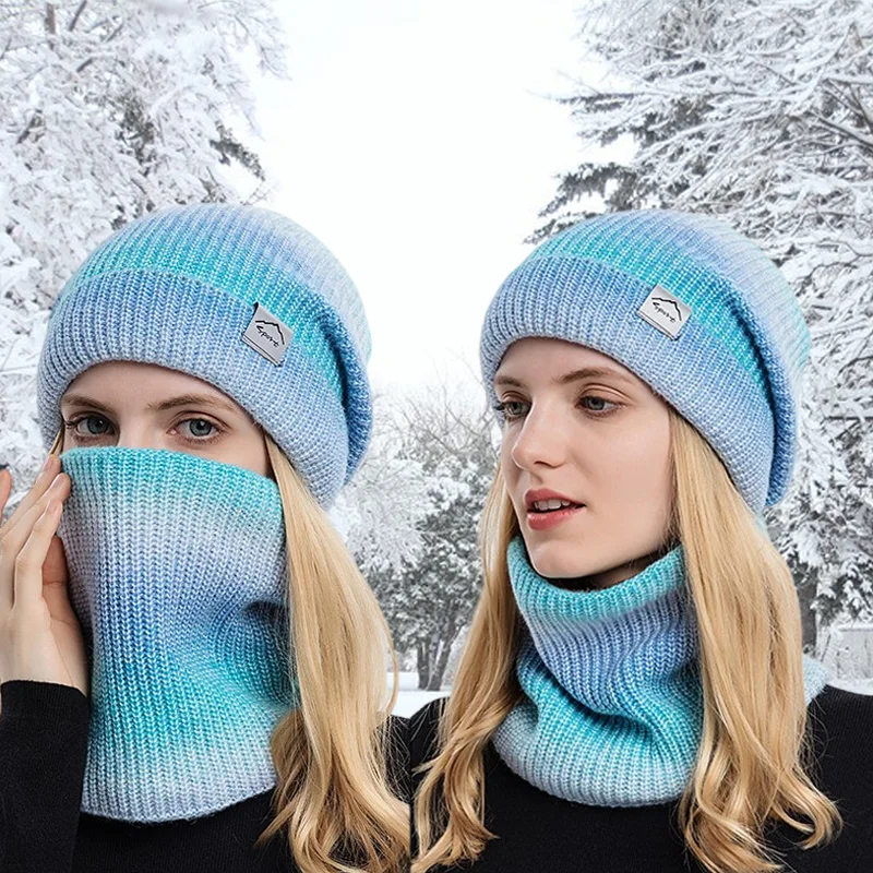 2 pc/set feminino chapéu e lenço de pescoço conjunto com pelúcia moda mais quente cachecol cor gradiente para 2025 outono e inverno