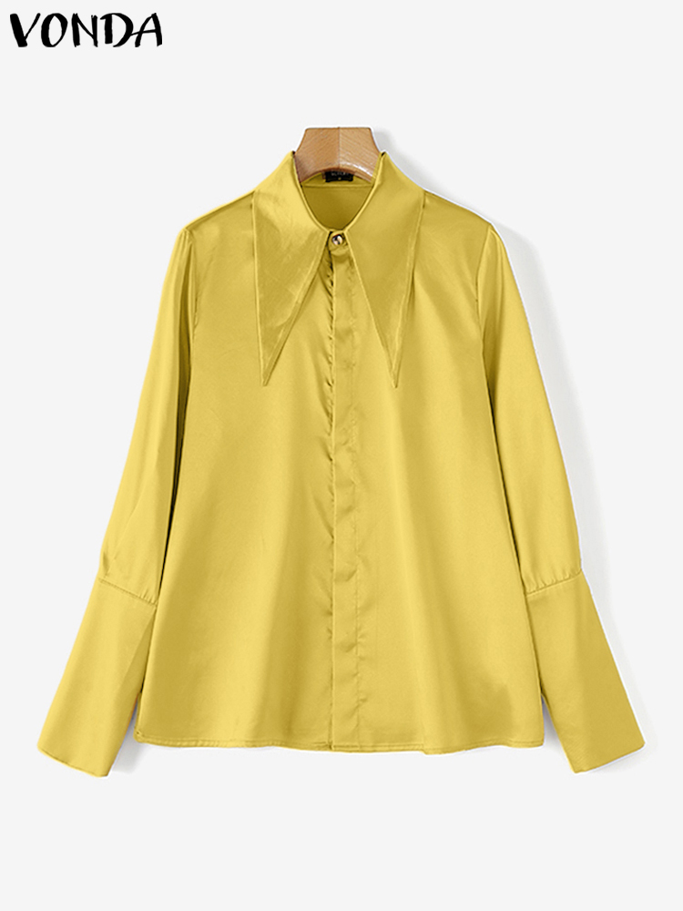 Plus Größe VONDA Dame Büro Shirts Frauen Revers Kragen Bluse 2024 Mode Kausalen Einfarbig Langarm Elegante Tops Femininas