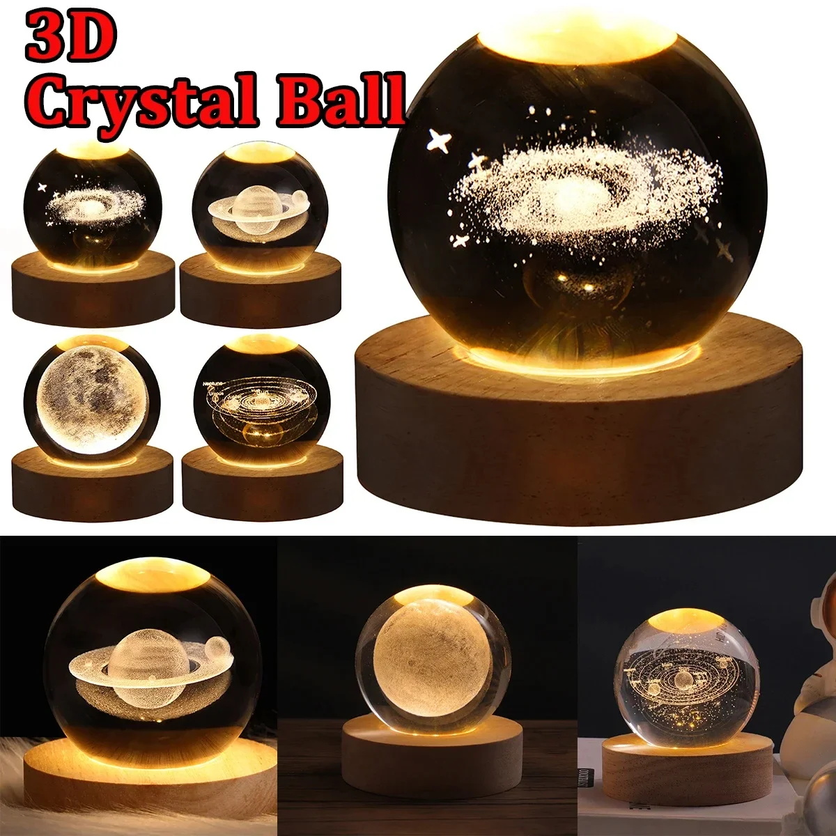 Bola de cristal led night light colorido 3d saturno sistema solar lua candeeiro mesa usb quarto atmosfera lâmpada para aniversário presente do miúdo