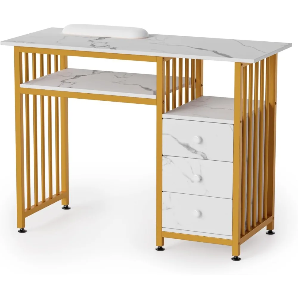 Manicure Table w/Wooden Drawer Storage, Gold & White Marbling Nail Desk for Nail Technicians, Nail Station for Salon