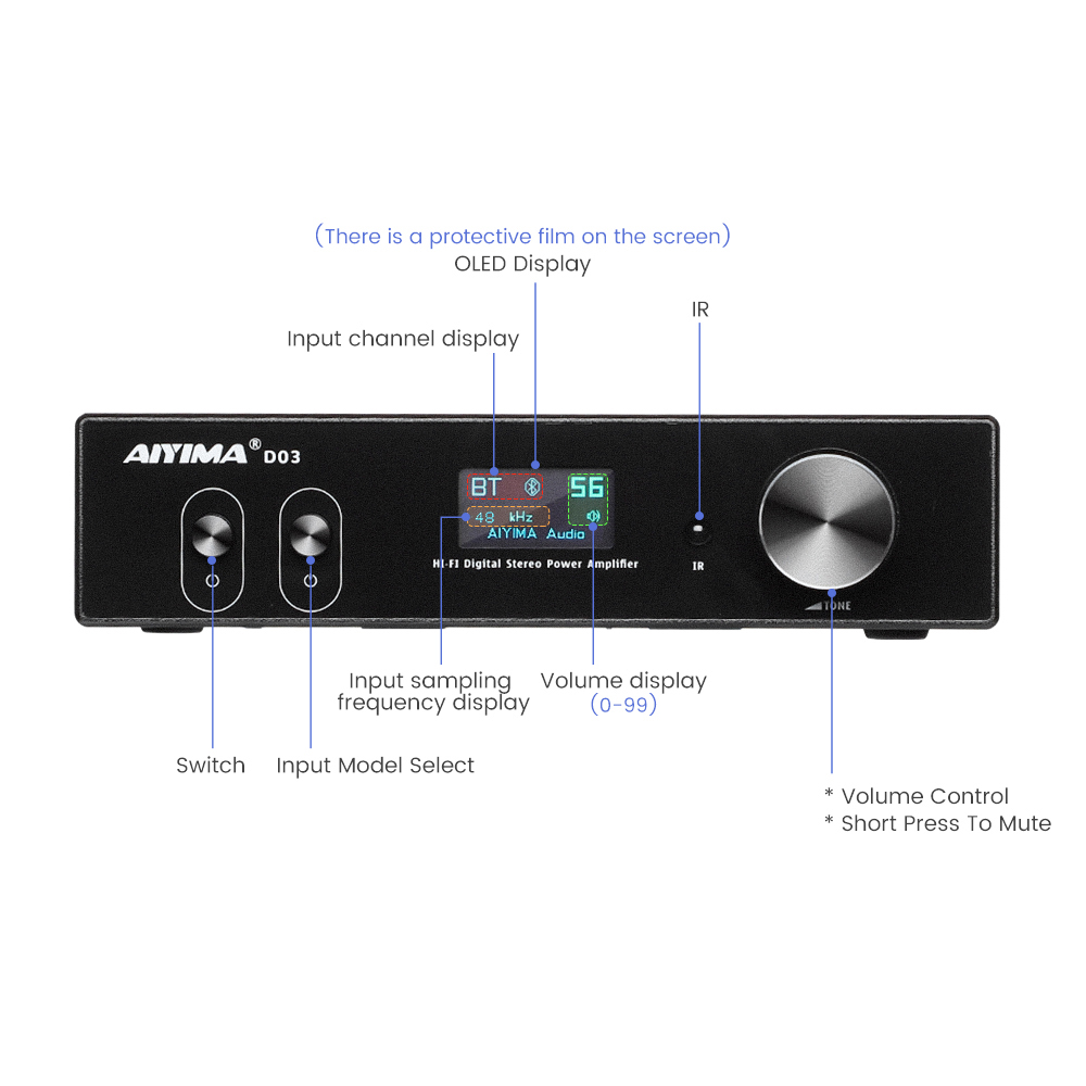 AIYIMA D03 Bluetooth アンプ 150Wx2 ステレオ HiFi サウンド Amplificador サブウーファーアンプ USB DAC OLED APTX-HD DIY 2.1 ホームオーディオ