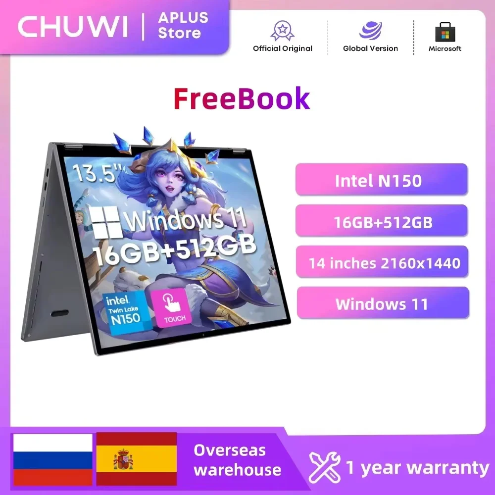 CHUWI 프리북 태블릿 노트북 2-in-1 인텔 N150 13.5인치 FHD 터치스크린 16GB LPDDR5 RAM 512GB SSD WIFI 6 BT5.2 윈도우 11