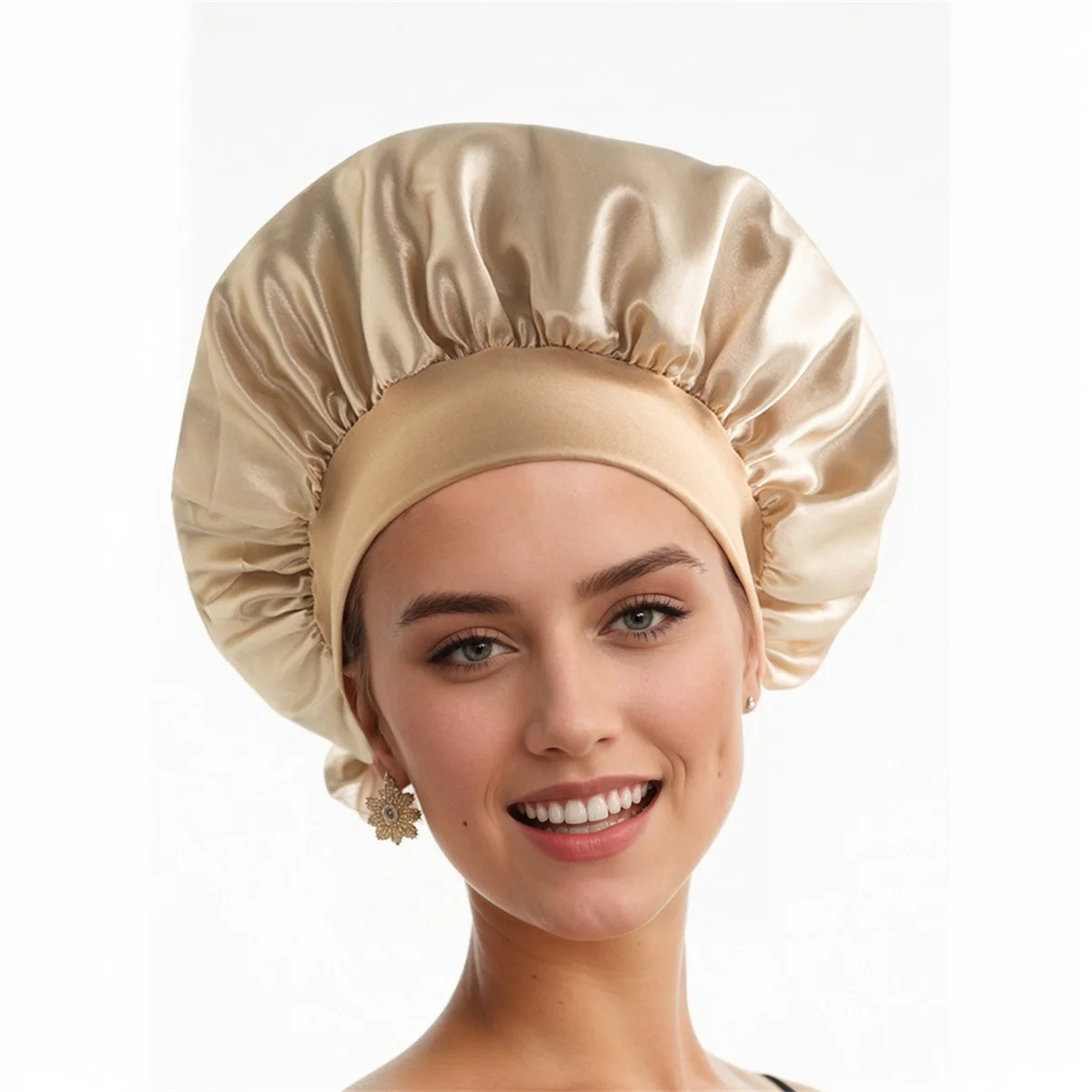 Cappello per capelli asciutti da donna con fascia alta elastica a tesa larga, cappello per la cura dei capelli di bellezza, berretto da notte in raso