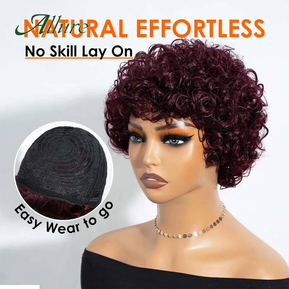 Jerry Curlyวิกผมผมมนุษย์ผู้หญิงสีดํา 10 นิ้วสั้นPixie Afro Kinky CurlyวิกผมกับBangsสีน้ําตาลสีผมWigs Allure