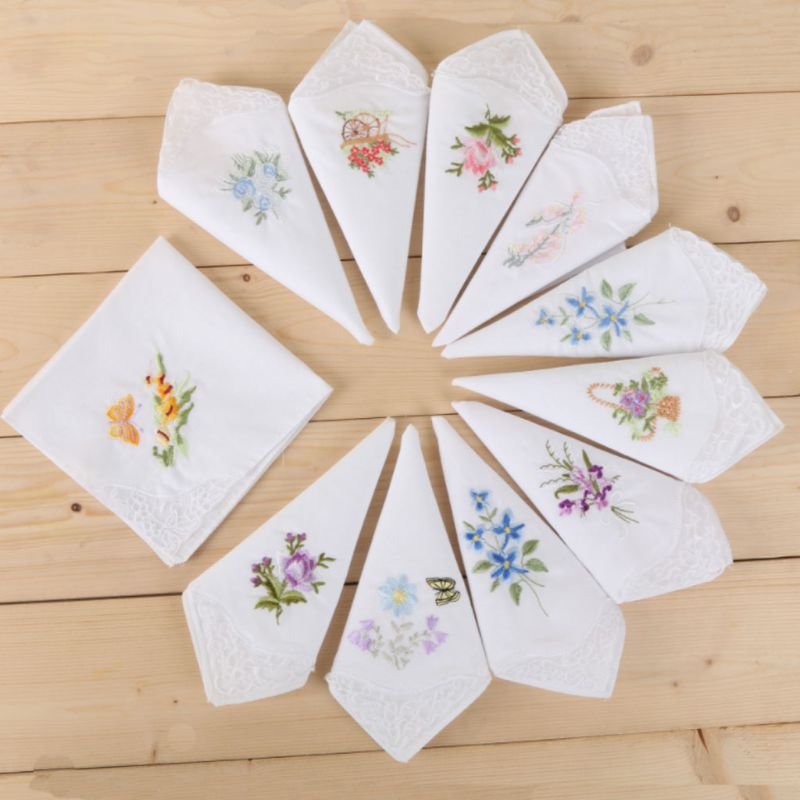 3 Cái/bộ Nữ Cơ Bản Trắng Tay Vuông Thêu Hoa Bỏ Túi Hanky B