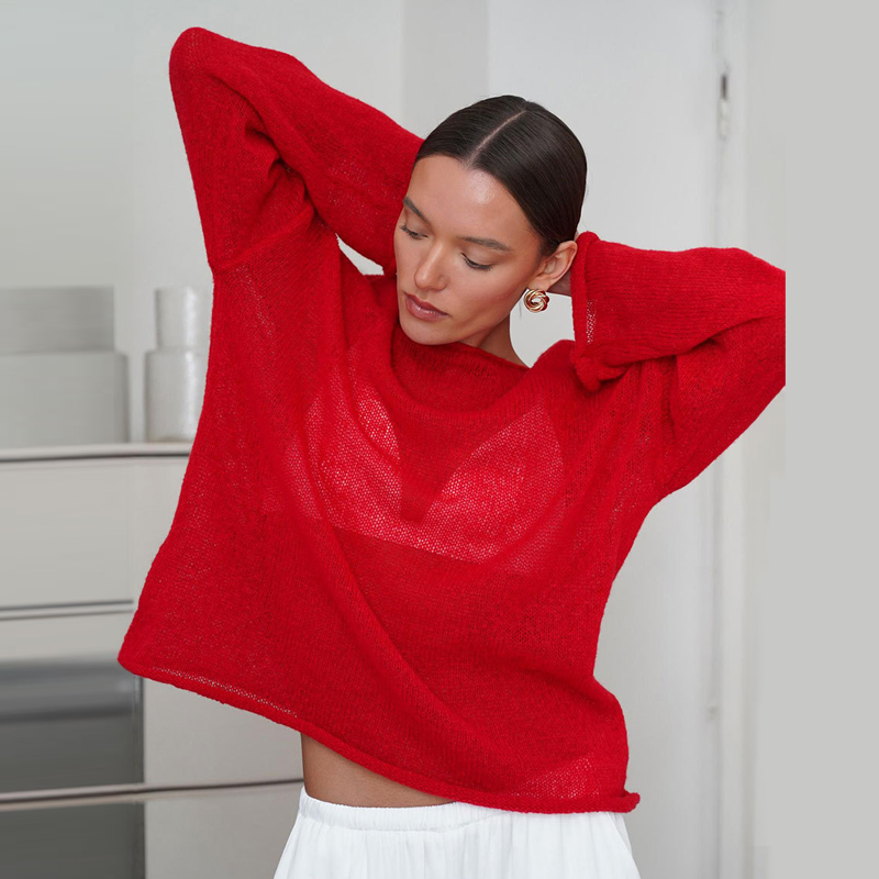 MSCSZ 赤長袖特大セーター女性透明ニットセーター 2025 春秋の居心地の良いセータープルオーバートップス