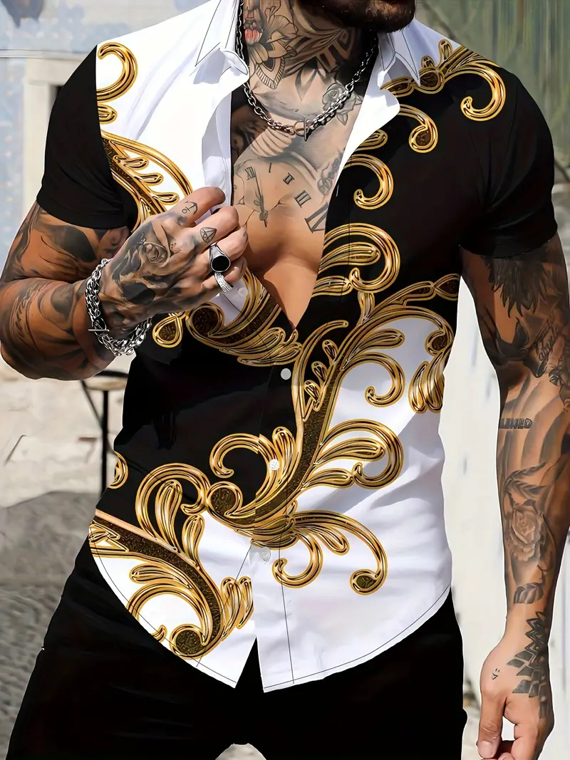 Camisa retro de manga corta para hombre con lujoso patrón de cadena barroca dorada adecuada para banquete de verano ropa de calle
