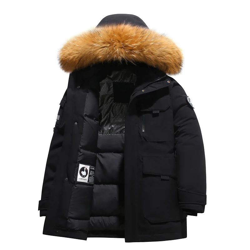 Chaqueta de plumón de invierno 2024 para hombre, chaqueta con cuello de piel con capucha y plumón de pato blanco, Parka informal de moda gruesa y cálida con diseño bordado