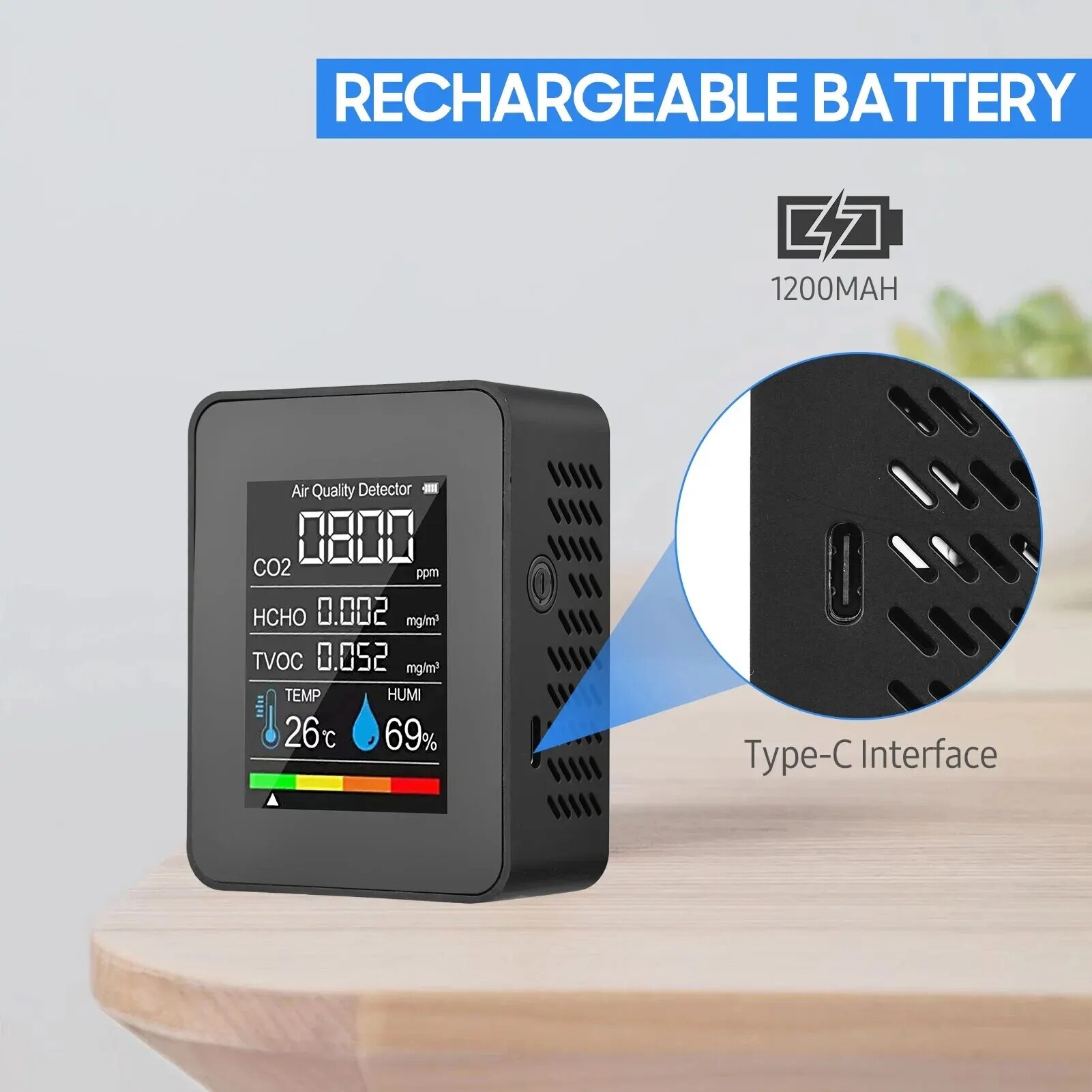 다기능 5in1 CO2 측정기 디지털 온도 습도 테스터 이산화탄소 TVOC HCHO 감지기 공기 품질 모니터