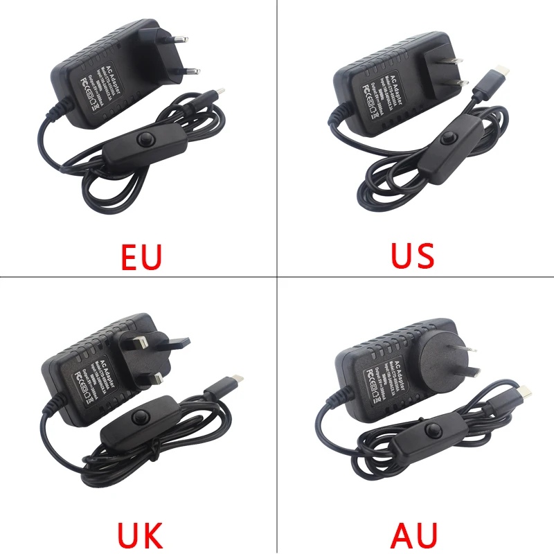 Fuente de alimentación Raspberry Pi 4, 5V, 3A, puerto USB tipo C, adaptador de corriente de 100-240V para cargador Pi 4 Orange Pi 3B OPI Zero 3