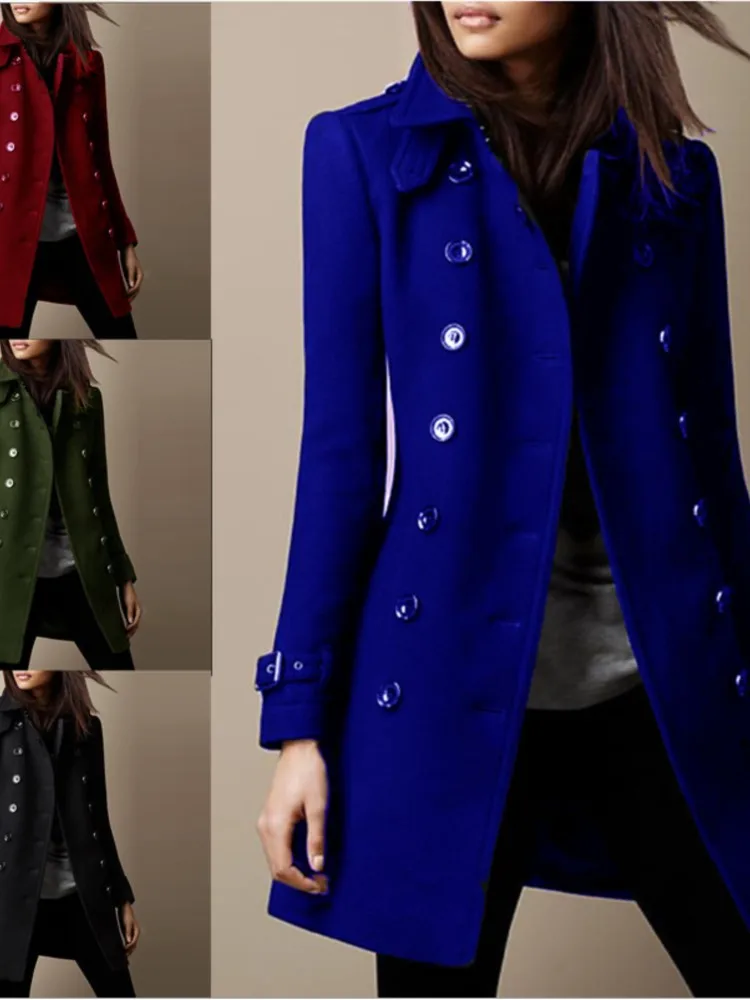 Winter-Damen-Wolljacken, zweireihig, mit Klappe und Revers gefüttert, Mantel, solide, schlanke, elegante Damen-Oberbekleidung 2024