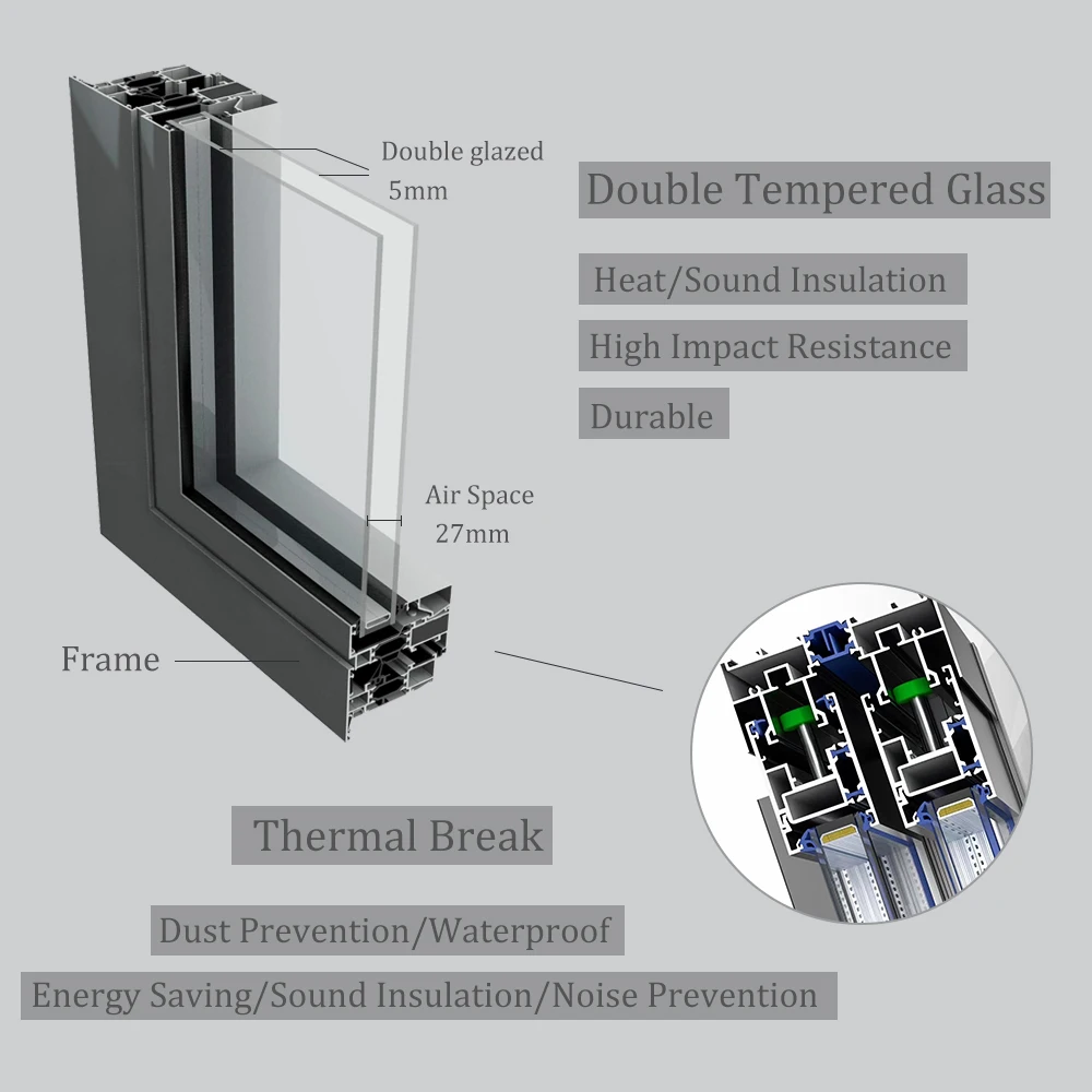 Sixinalu 1.8 มม.ความร้อน Break โปรไฟล์อลูมิเนียมกรอบโลหะผสมหีบเพลงประตู Custom-made Double-glazed กระจกนิรภัยพับประตู
