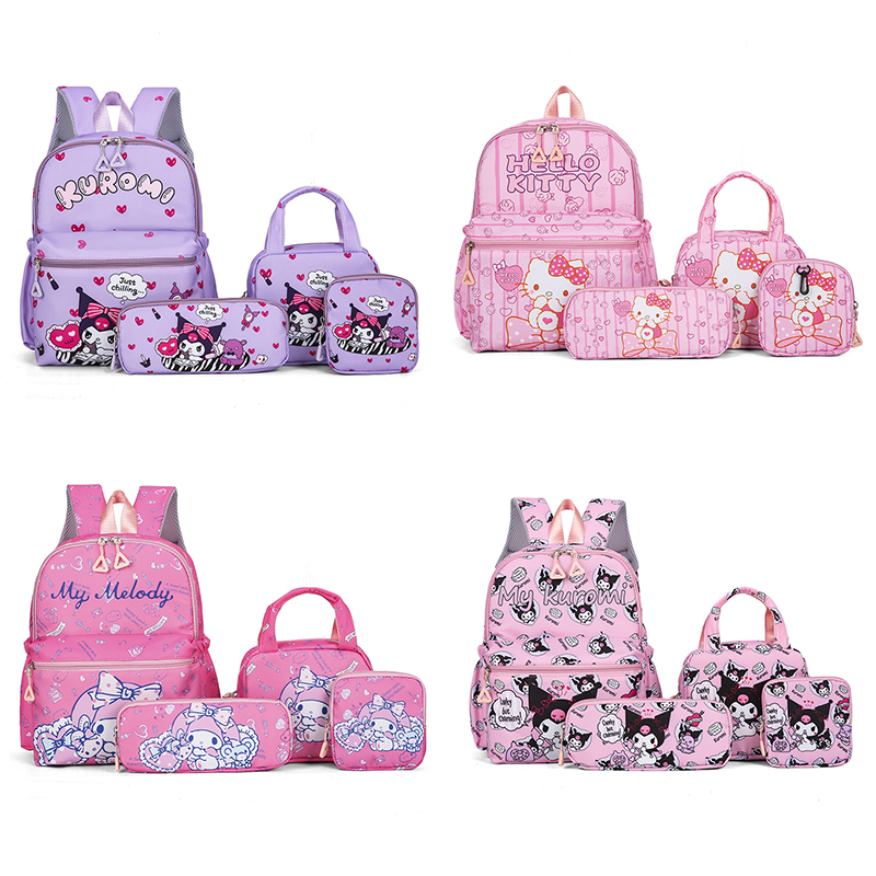 Conjunto de mochilas escolares para estudiantes de primaria, mochila de escuela secundaria con estampado de dibujos animados de Hello Kitty Kuromi con bolsa para bolígrafos, 4 Uds.