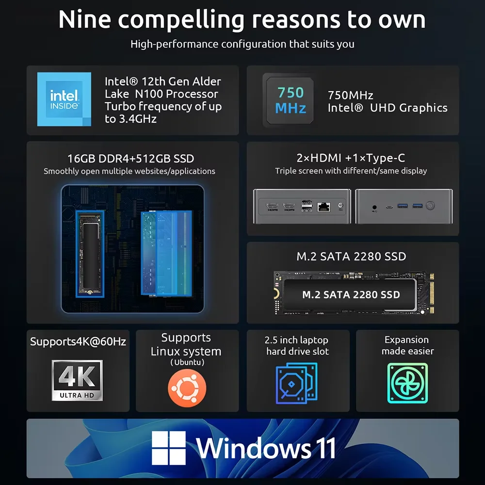BMAX B4 Plus Mini PC Windows 11 PC Intel N100 16 GB DDR4 512 GB SSD 2*HDMI 1*Type-C Obsługuje 4K@60Hz 750MHz Intel UHD Graphics