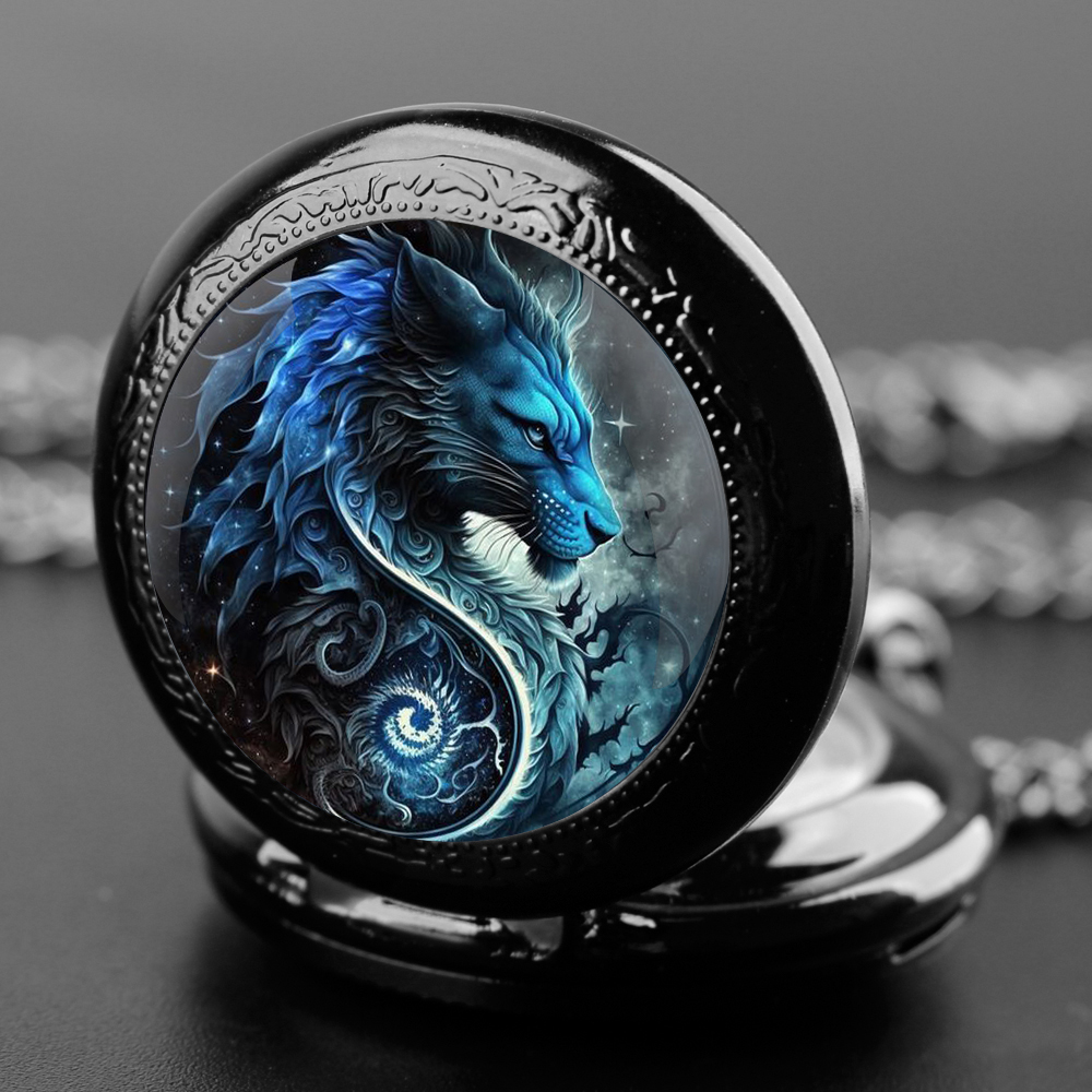 Relógio de bolso de quartzo com cúpula de vidro com design de dragão azul com corrente durável mostrador de numerais arábicos para homens e mulheres presentes criativos