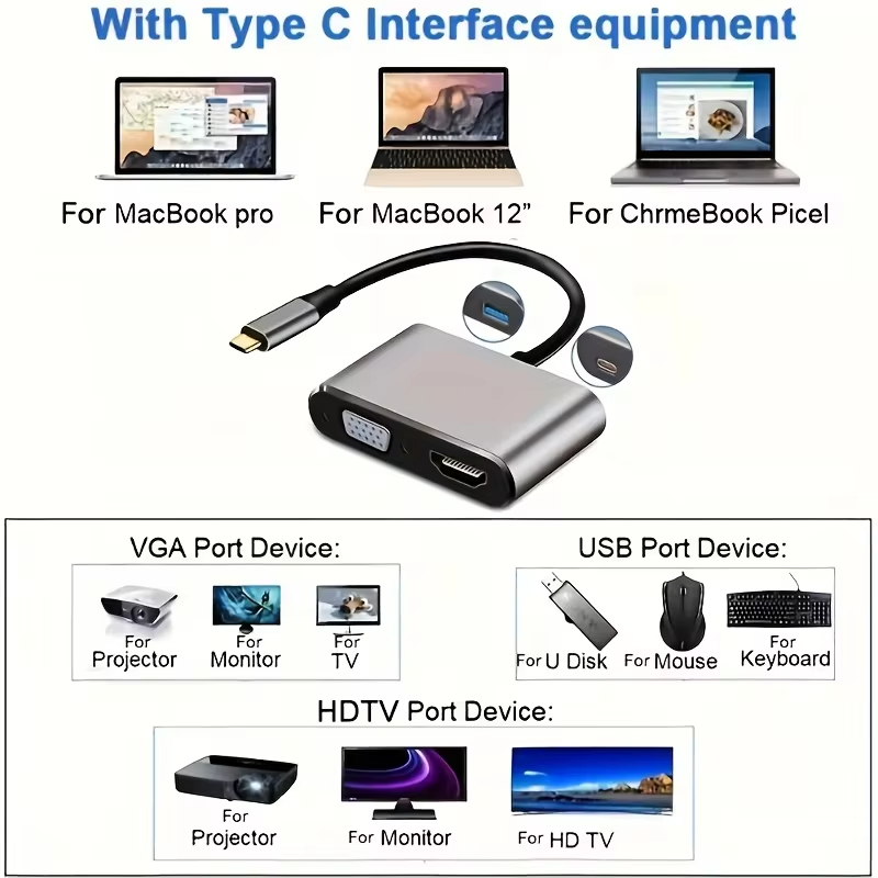 4 em 1 usb c hub multiport adaptador docking station tipo c para 4k hdtv vga 100w pd divisor de carga rápida para macbook pro/air portátil