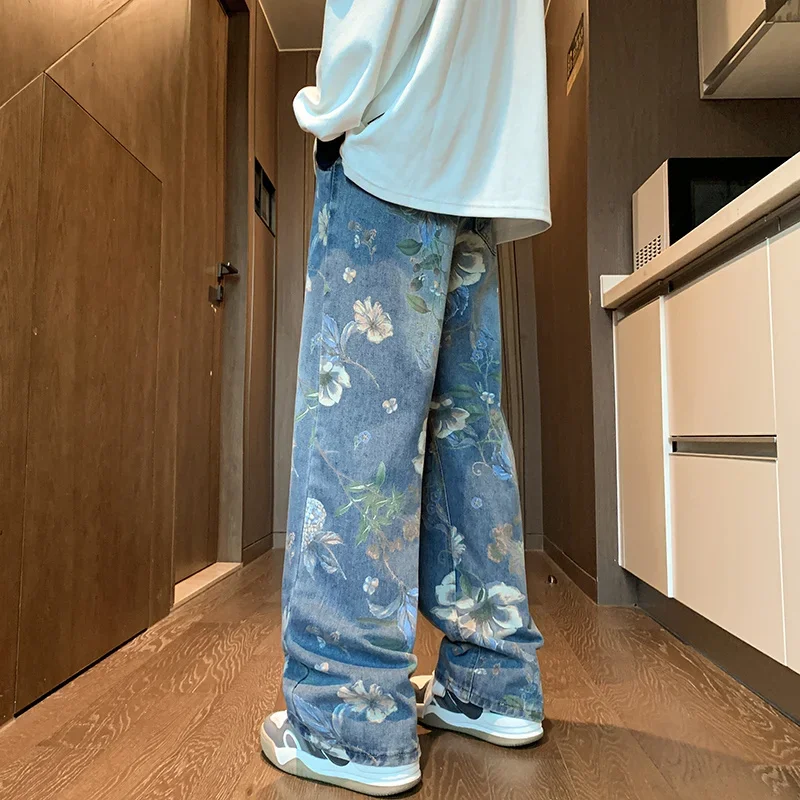 Pantalones vaqueros con estampado Floral de otoño para hombre, novedad de 2024, pantalones vaqueros Vintage Y2K, moda Hip Hop, pantalones vaqueros holgados de pierna ancha, ropa de calle