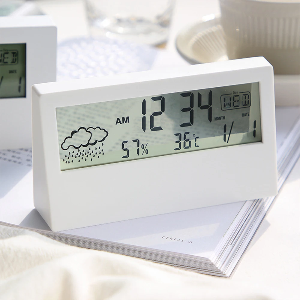 หน้าจอ LCD เครื่องวัดอุณหภูมิดิจิตอลมัลติฟังก์ชั่นอิเล็กทรอนิกส์อุณหภูมิความชื้นบ้านพร้อมนาฬิกาปลุกสําหรับเด็กนักเรียน