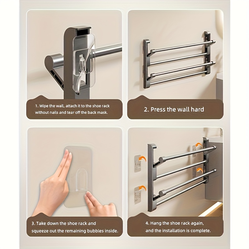 Sapateira de parede não perfurada, feita de material metálico, adequada para armazenamento de sapatos domésticos