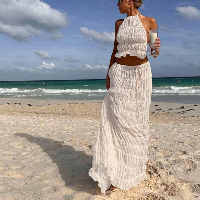 Traje bohemio Sexy con espalda descubierta para mujer, trajes de vacaciones en la playa de 2 piezas, camisola con cuello Halter fruncido Vintage + falda larga para fiesta