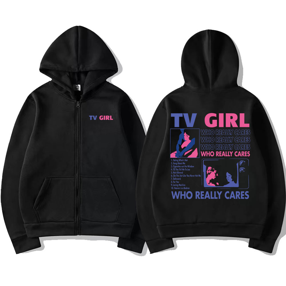 Sudadera con capucha con estampado gráfico de TV Girl Who Really Cares para hombre y mujer, chaqueta informal de gran tamaño con cremallera, sudaderas de lana para hombre