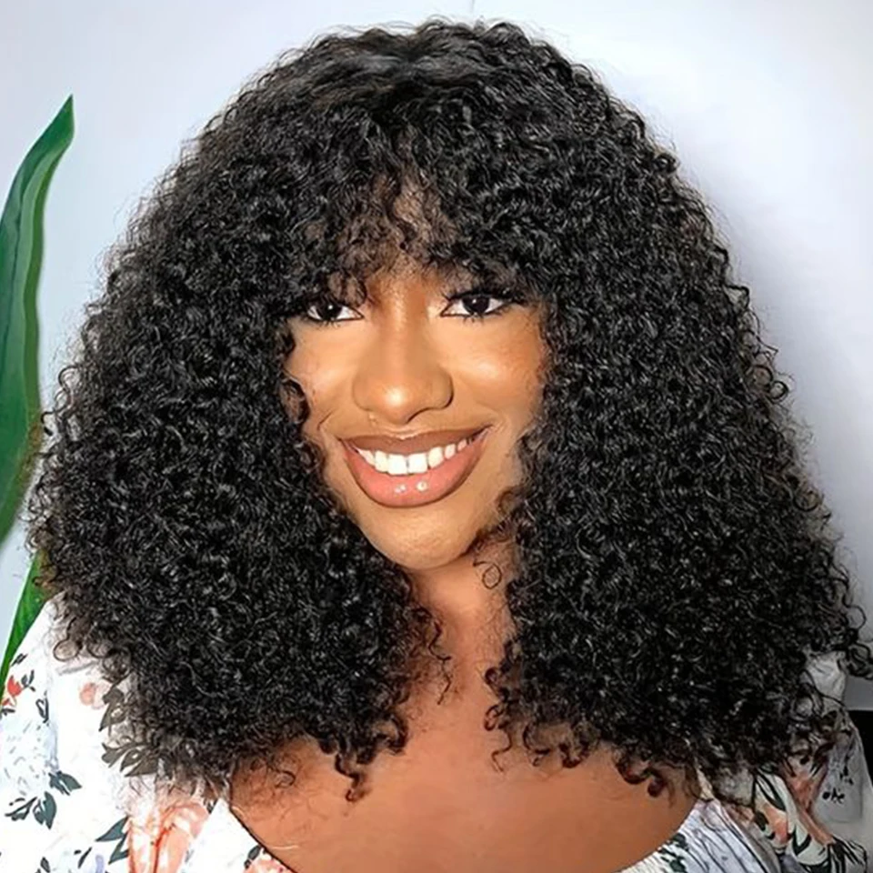 Brasileiro jerry encaracolado curto bob perucas de cabelo humano com franja máquina completa peruca de cabelo humano destaque peruca de onda de água para mulher