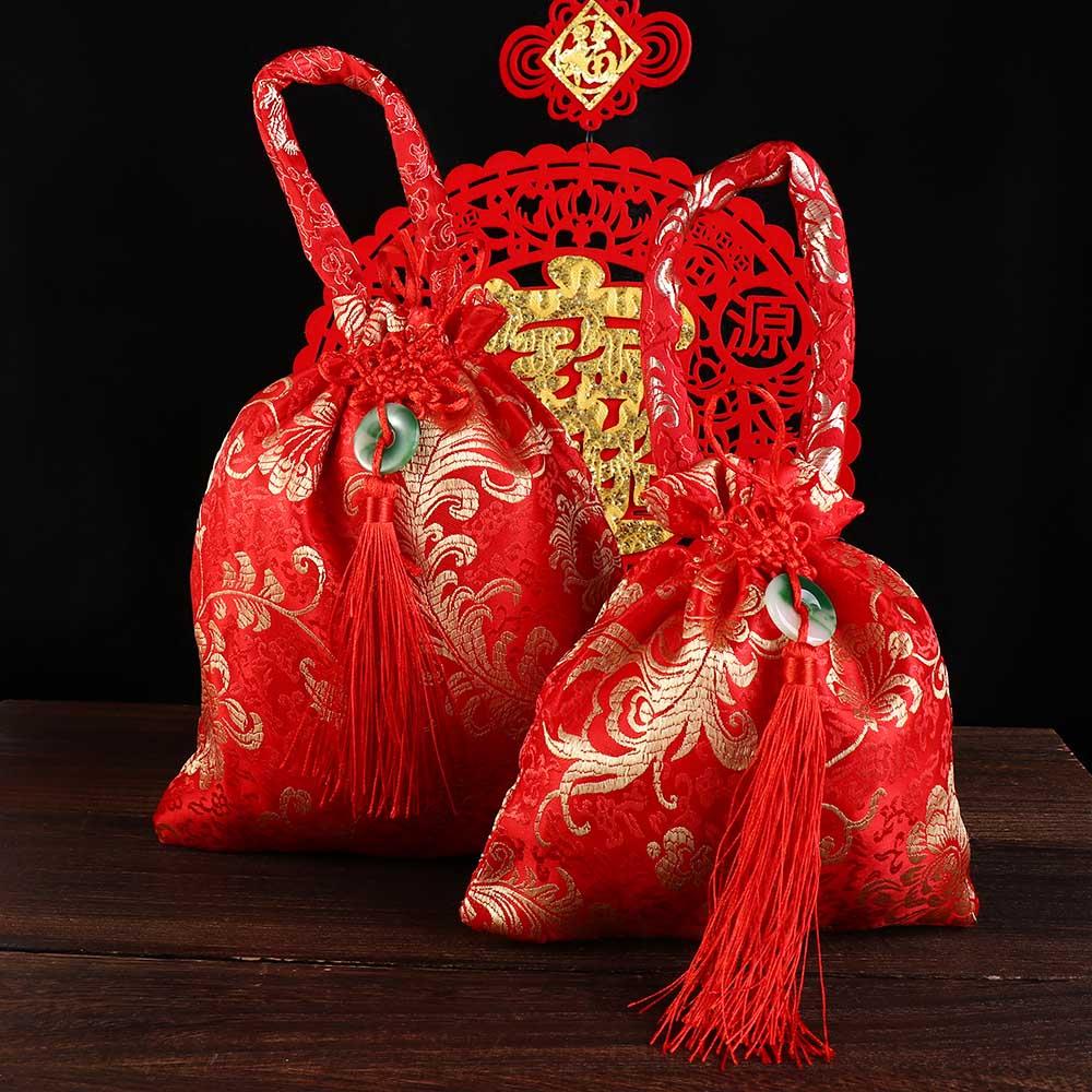 1Pc Canvas Festive Flower Drawstring Bag Chinese Knot Tassel Sugar Bag Wedding Large Capacity Handbag