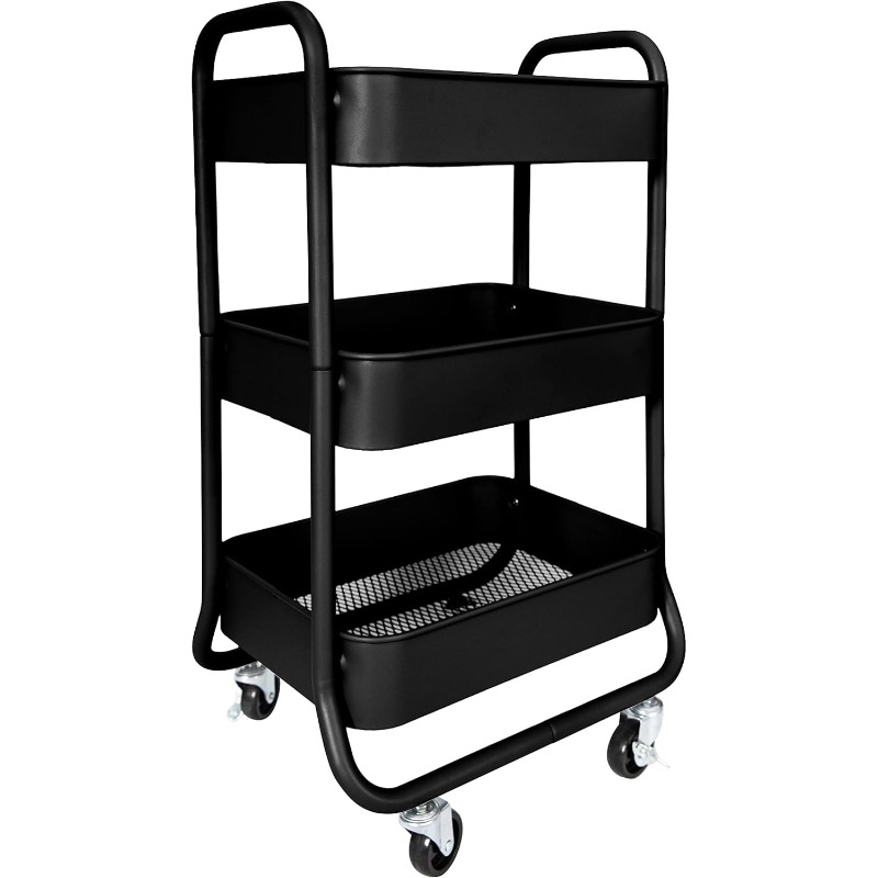 3-Tier Rolling Cart - Heavy Duty Metal Rolling Cart, Lockable Casters, Multifunctional Storage Shelves - Great for Kitchen